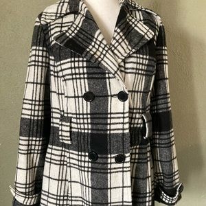Gently used L JouJou plaid peacoat. Black & White